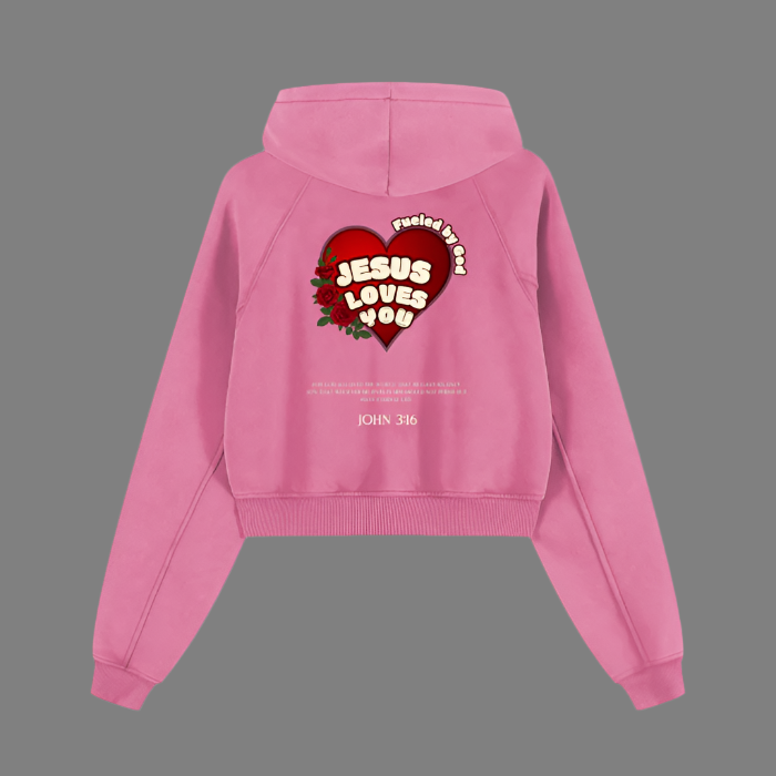 Pink & Black Jesus Loves you Cropped Zip Hoodie 355 GSM